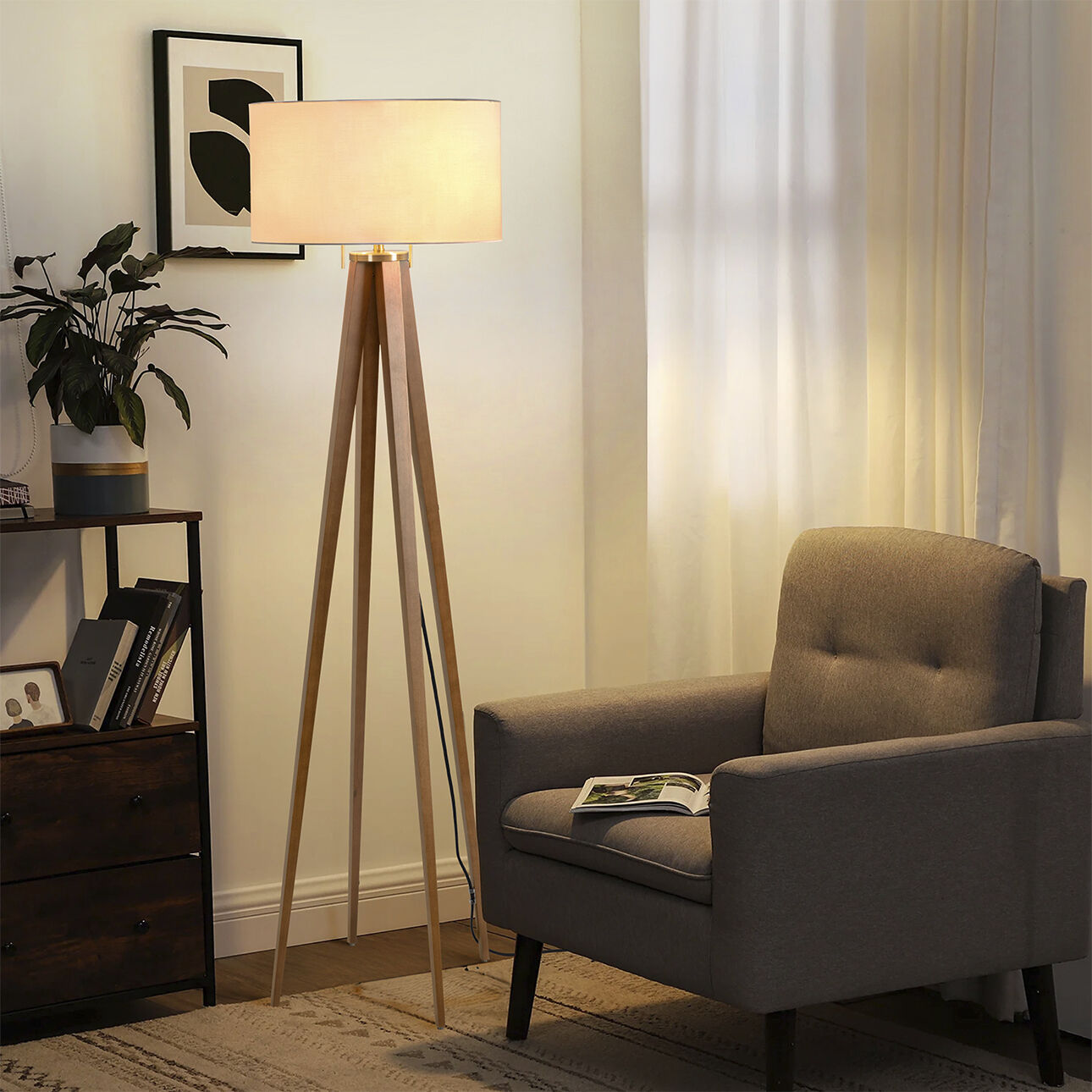 Quattro 61 inch 23.00 watt Natural Ash Wood and Weathered Brass Floor Lamp Portable Light